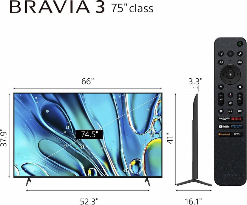 Sony 75-Inch Class 4K Ultra HD BRAVIA 3 LED Smart TV with Google TV, Dolby Vision HDR, and Exclusive Features for PlayStation®5 (K-75S30), 2024 Model