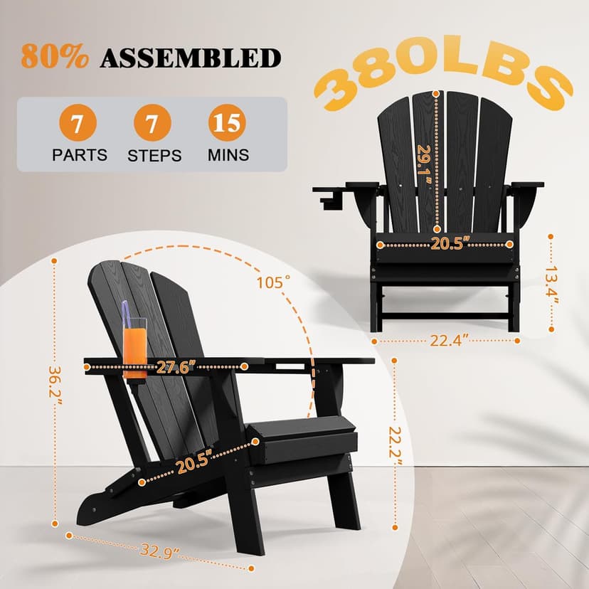 Folding Adirondack Chair Set of 8, HDPE All-Weather Patio Chairs for Outdoor, Patio, Lawn, Garden, Backyard Deck, Fire Pit - Black