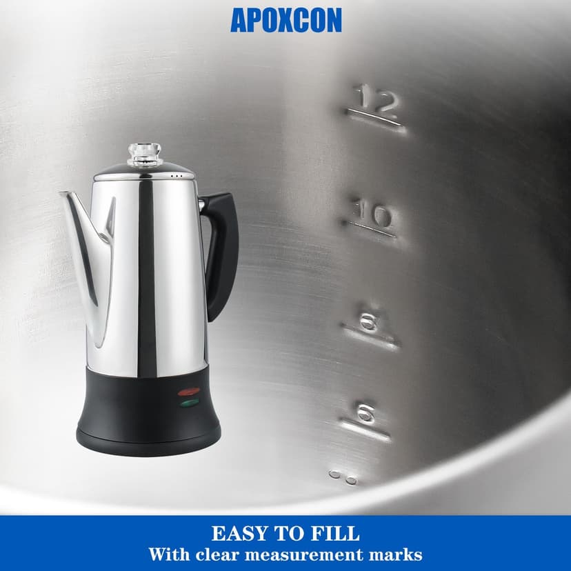 Electric Coffee Percolator Stainless Steel Coffee Maker with Heat Resistant Tough Glass Clear Brew Progress Knob, Keep Warm & Cordless Serving Classic Coffee Pot with On/OFF Switch 12 Cup