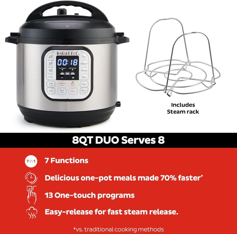 Instant Pot Duo 7-in-1 Electric Pressure Cooker, Slow Cooker, Rice Cooker, Steamer, Sauté, Yogurt Maker, Warmer & Sterilizer, Includes App With Over 800 Recipes, Stainless Steel, 8 Quart
