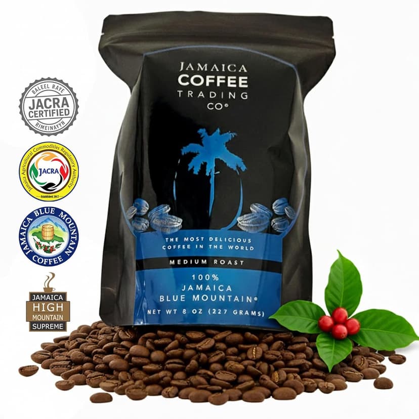 100% Jamaica Blue Mountain Coffee Beans No. 1, 227grams / 8oz - Medium Roast Whole Coffee Bean - 100% Pure Arabica, Small Batch Roasted - JACRA Certified, Low Acidity, Ethically Sourced