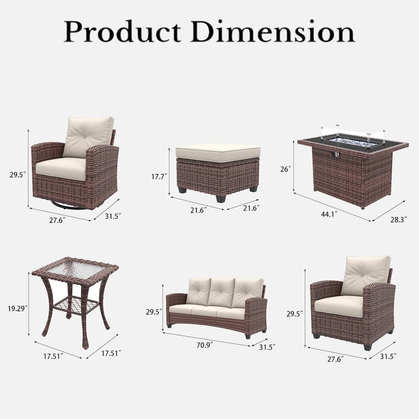 LayinSun 10 Pieces Patio Furniture Set with Swivel Chairs, Rattan Wicker Rocking Glide Chairs with 44" Propane Gas Fire Pit Table Conversation Set