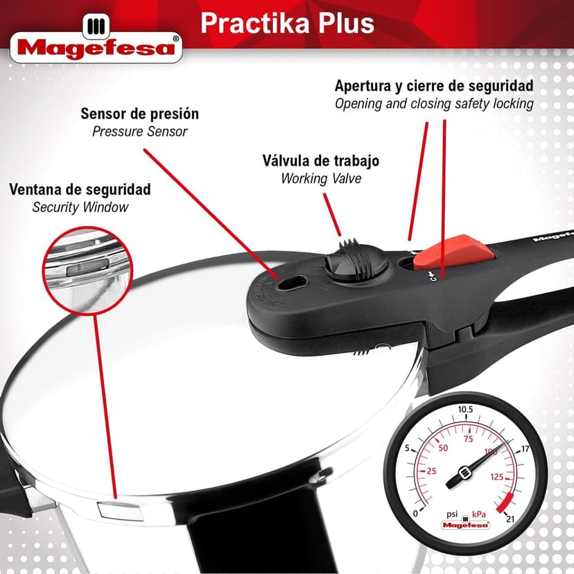 Magefesa Practika Plus, 8-Quart Pressure Cooker, 18/10 stainless steel, Induction Compatible, 5-Layer Heat Diffuser Bottom, 5 Safety Systems, Even Heat Distribution