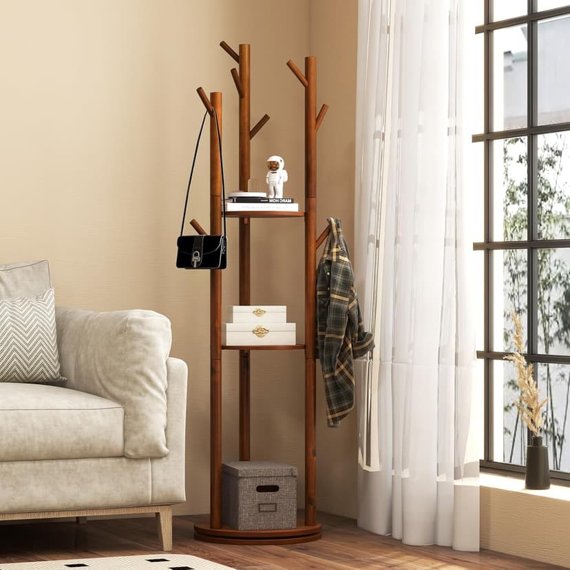 Tangkula Coat Rack Freestanding, Rotary Wooden Coat Tree with 3 Display Storage Shelves & 9 Hooks for Coats, Scarves, Hats & Bags, 66 Inches Coat Hanger Stand for Entryway, Bedroom, Office (Walnut)