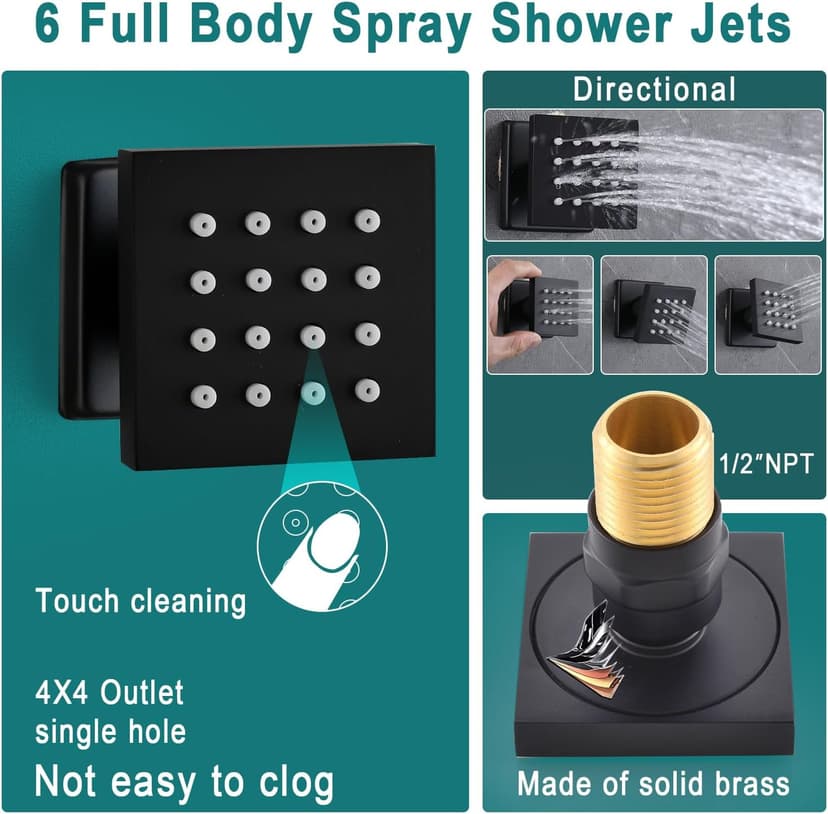 HOMEDEC LED Multi Functions Full Body Shower System with 6pcs Body Jets Spray with（Up/Down ）Shower Spout, Large 3 In 1 Functions 14x20inch Showerhead, Rainfall Mist Shower Faucet Set Complete, Black