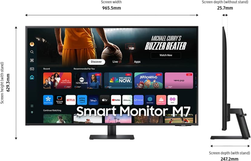 Samsung 43-Inch M7 (M70D) Series 4K UHD Smart Monitor with Streaming TV, Speakers, HDR10, USB-C, Multiple Ports, Gaming Hub, SolarCell Remote, Vision Accessibility Tools, LS43DM702UNXGO, 2024, Black