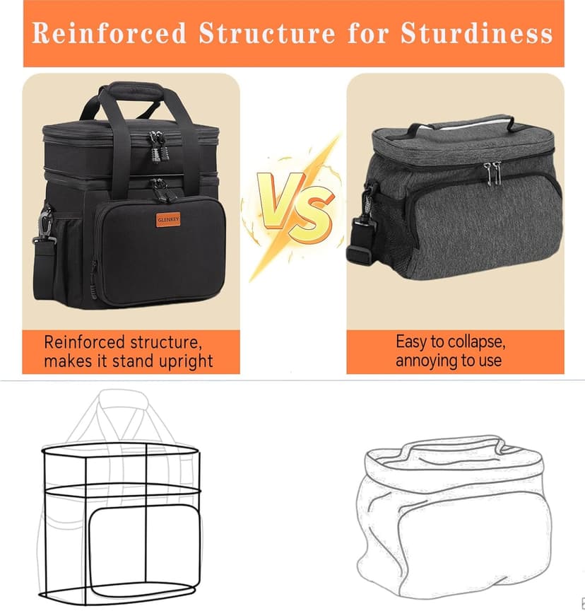 GLENKEY Expandable Insulated Large Lunch Box, Double Deck Heavy Duty Durable Lunch Bag Leakproof Cooler Bags for Men Women Adults Work Shift Flight Beach Daytrip, 20 Can, Black