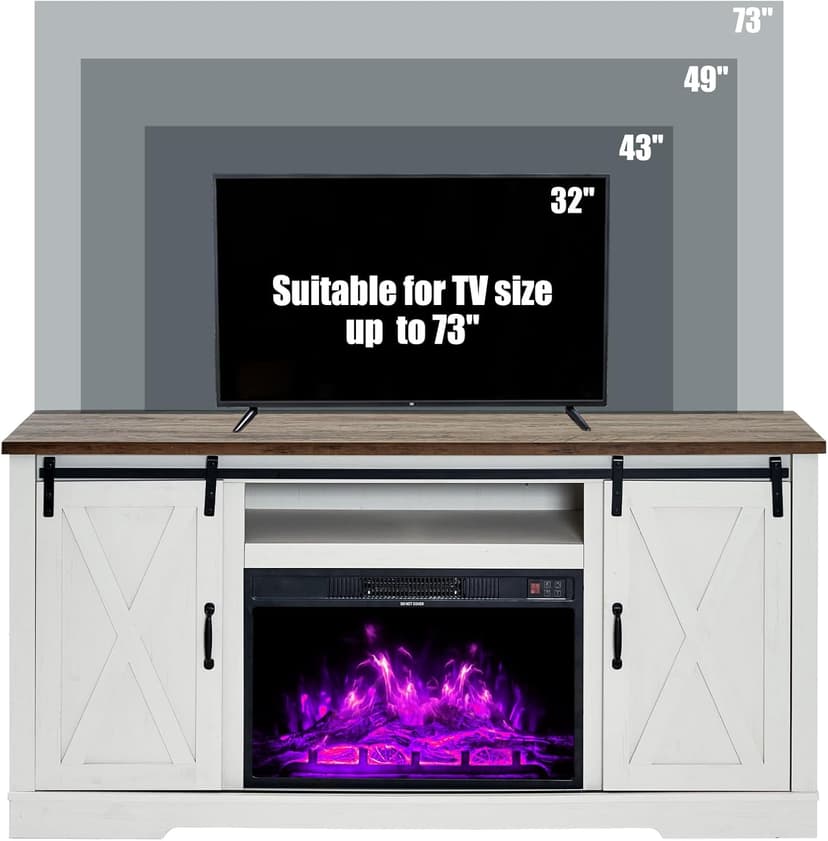 AMERLIFE Fireplace TV Stand with Sliding Barn Door for TVs up to 73", Farmhouse 63" Fireplace Entertainment Center with Storage Cabinets/Adjustable Shelves, Distressed White & Barnwood