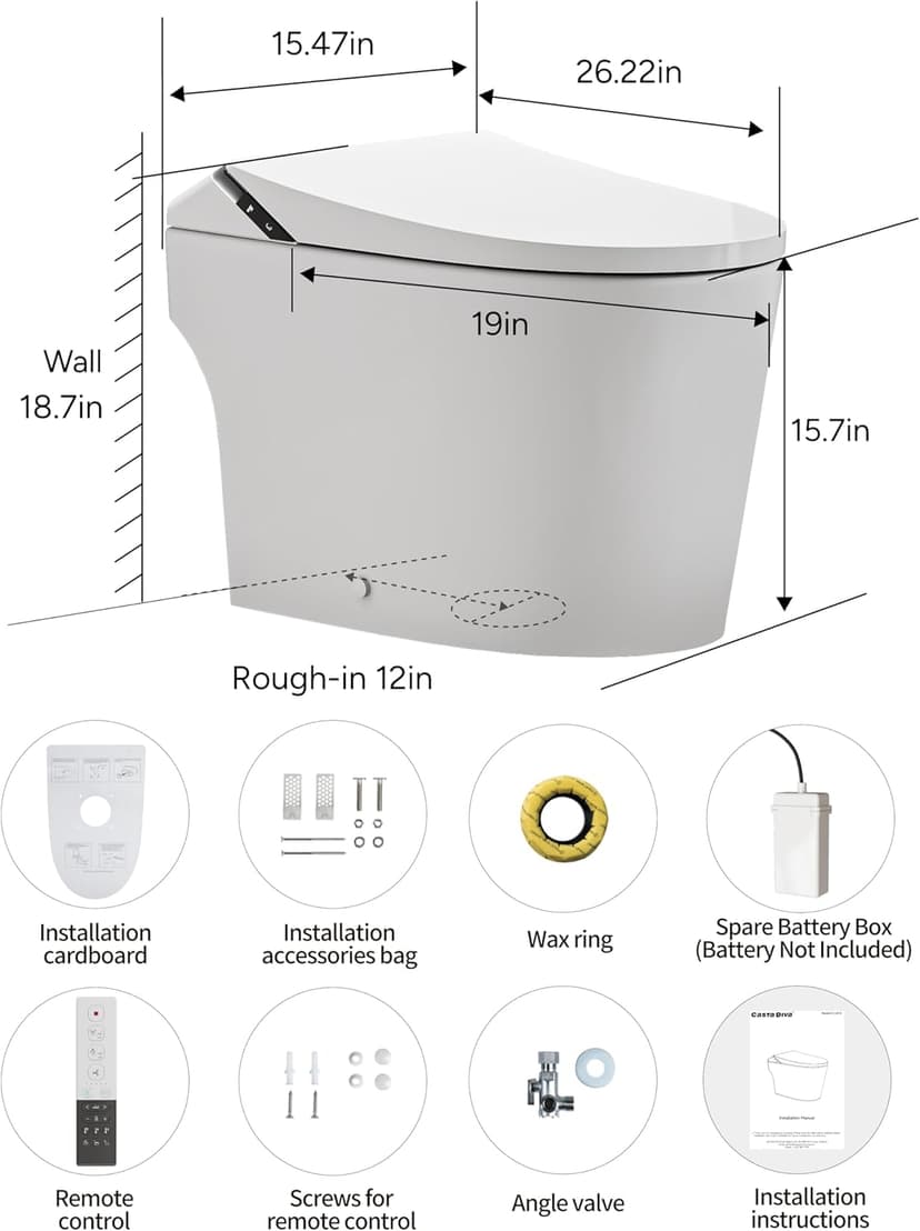 Smart Toilet with Bidet Built in, Toilets with Tank, Auto Open Close, Auto Flush, Foot Sensor, Heated Seat, Warm Water, Foam Dispenser, Elongated Bidets for Modern Bathroom, Remote, Night Light