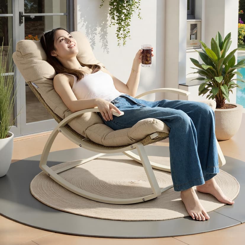 IRONCK Patio Rocking Chair, Outdoor Rocking Chair with Armrest and Cushion, Handwoven Twisted Rattan Rocker for Indoor Living Room Balcony Garden Porch, Beige