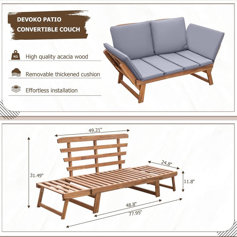 Devoko Outdoor Couch Acacia Wood Patio Couch with Adjustable Armrests, Outdoor Convertible Sofa with Removable Cushions & Pillows for Patio, Porch, Poolside(Grey)