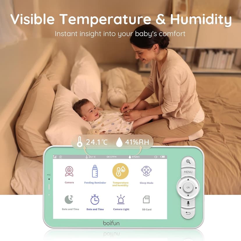 BOIFUN 2K WiFi Baby Monitor with Camera and Audio, Soothing Night Light, APP & 5" Split-Screen Control, Motion/Cries/Noise/Customizable Alarm Zones Detect, Auto Tracking, Humidity&Temperature Detect