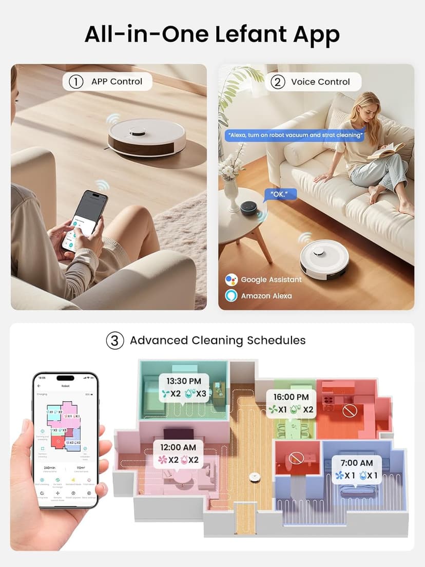 Lefant LiDAR Robot Vacuum and Mop, 45-Day Self-Emptying, 190° PSD Obstacle Avoidance, Customized Cleaning, Multi-Floor Mapping, 5500Pa Strong Suction, 140 Min Runtime, WiFi/Alexa/APP, M2 Pro