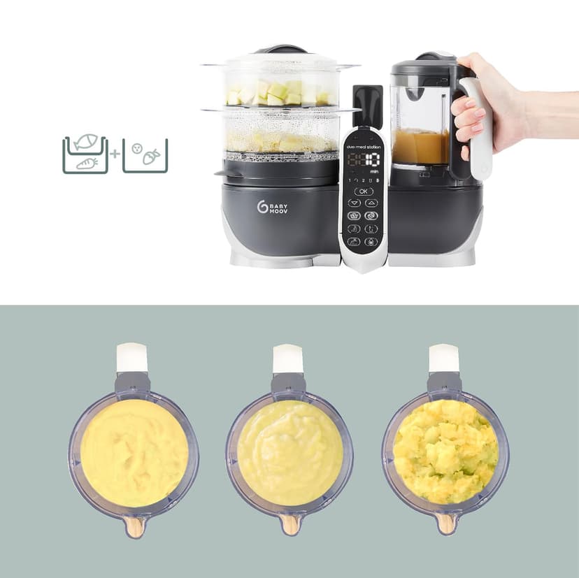 Babymoov Duo Meal Station Grey: Multi-Speed Baby Food Maker Steamer and Puree Blender, Baby Food Processor that warms & defrosts (Nutritionist Approved)