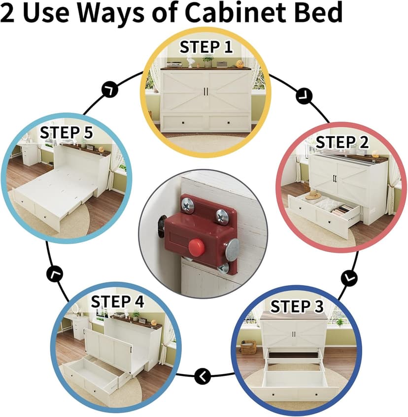 Queen Size Murphy Bed with Charging Station, Cabinet Bed with Large Storage Drawer for Home Office or Small Room, Hideaway Full Foldable Platform Bed, Barnwood+White