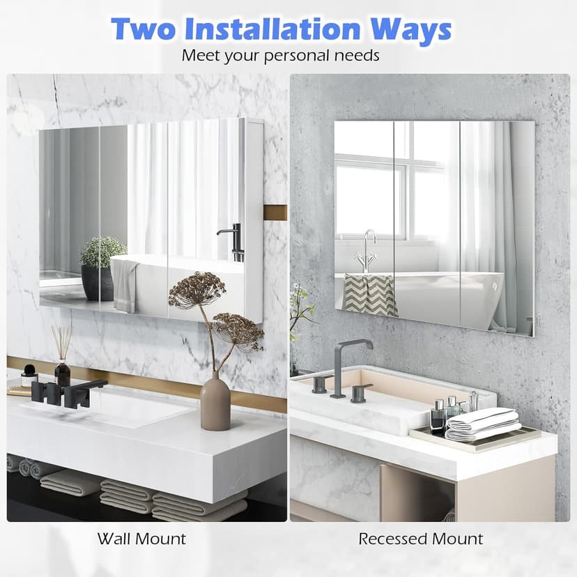 Tangkula Mirrored Medicine Cabinet, Large Wide Wall Mounted Storage Cabinet with 3 Mirror Doors & Adjustable Shelf, 36 x 4.5 x 25.5 Inch, Bathroom Mirror Medicine Cabinet (36 x 25.5 Inch)