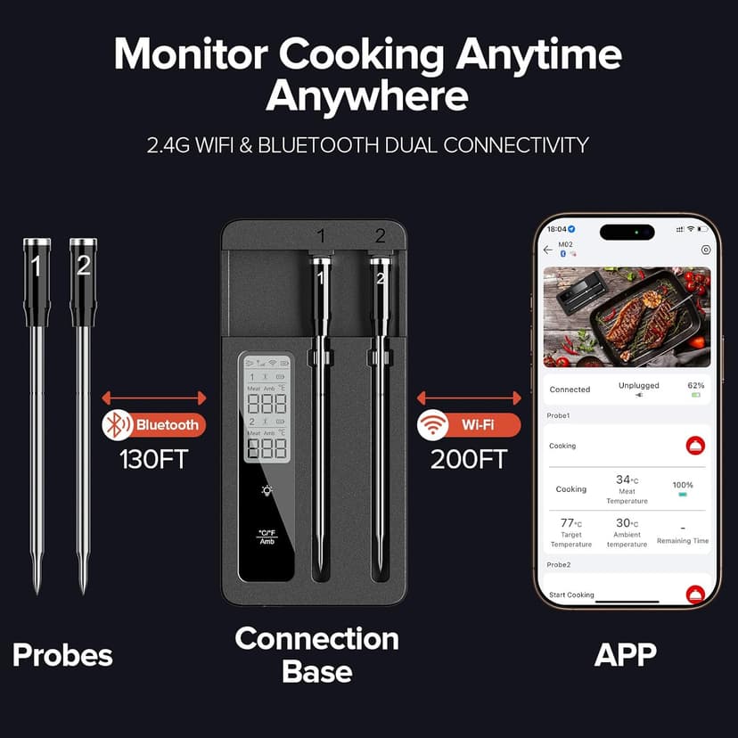 Smart Wireless Meat Thermometer with Dual Probes, Bluetooth & WiFi Combo, Remote Monitoring & Smart Alerts for BBQ, Grill, Smoker, Oven, Air Fryer