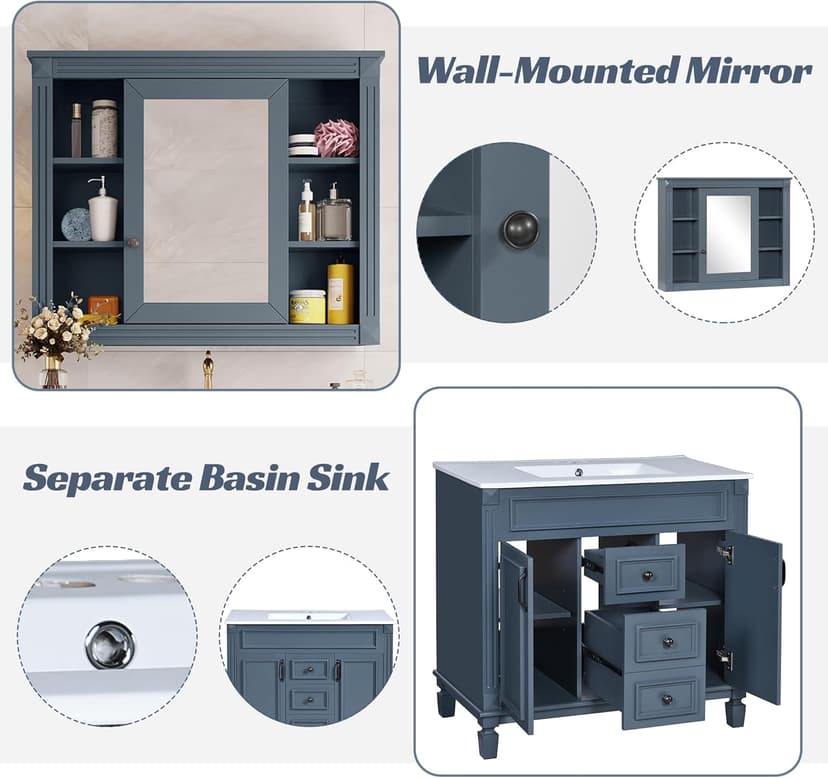 Merax 36" Bathroom Vanity with Sink, 36" Bathroom Vanity Cabinet with Matching Mirror Medicine Cabinet, Bathroom Storage Set (Blue)