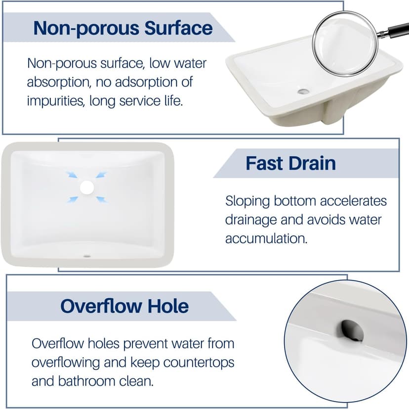Enbol Bathroom Undermount Sink White Rectangular Ceramic Sink for Bathroom with Overflow - ECU1812 Exterior: 20 5/8" x 14 6/8" x 8 1/8"