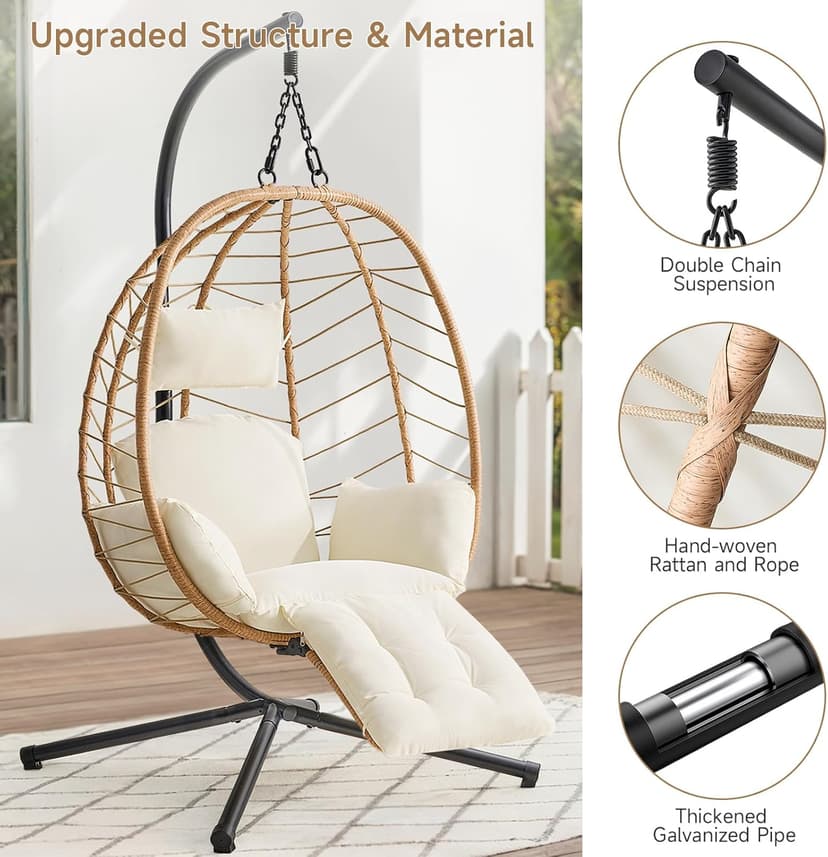 Hanging Egg Chair with Adjustable Footrest & Stand, Wicker Rattan Swing Hammock Chair with Cushion & Double Chains, 350LBS Capacity for Outdoor & Indoor Patio, Deck, Bedroom, Balcony (YE-BE)