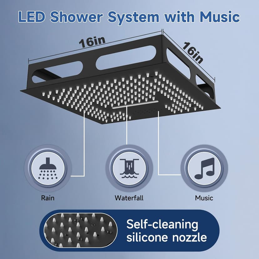 Smart Shower System with Body Jets, Black Shower Head and Handle Set,16" Ceiling Mount Rainfall Waterfall Shower Jets System with Tub Spout,Thermostatic Shower System Bathroom with Music and Led Light