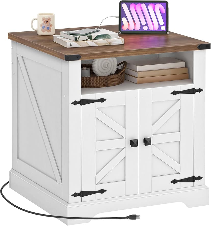 HOOBRO Farmhouse End Table with Charging Station, 23.6" Large End Tables for Living Room, Sofa Side Table with Barn Door, Wooden Square Nightstand Bedside Table, Flip Top, White and Walnut WH601UBZ01