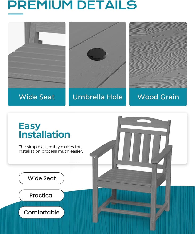 HDPE Outdoor Dining Set 7-Piece Patio Table and Chairs with Umbrella Hole, All-Weather Patio Dining Set for 6, Durable Patio Furniture Set for Backyard, Garden, Lawn & Poolside, Grey