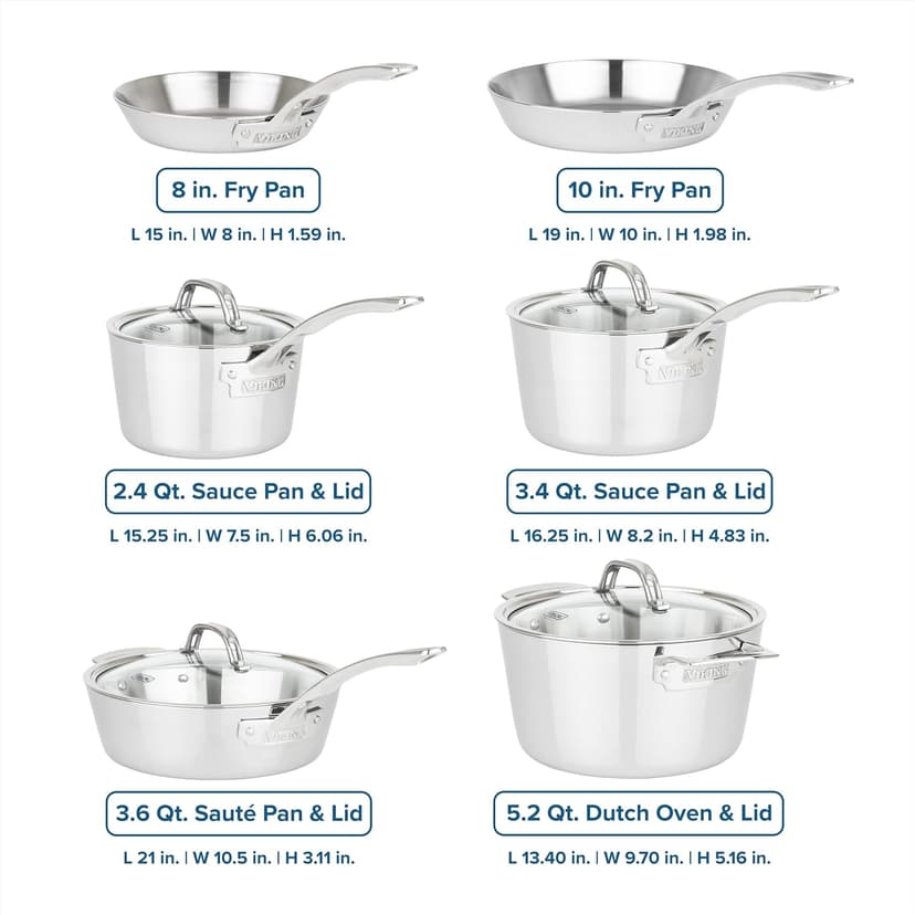Viking Contemporary 3-Ply Stainless Steel 10 Piece Stainless Steel Kitchen Cookware, Silver