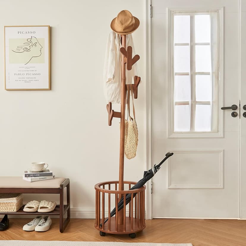 CozyDH Solid Wood Coat Rack Freestanding with Lockable 360° Rotary Casters, Coat Tree Stand with Umbrella Holder & Laundry Basket Storage & 12 Hooks, Walnut