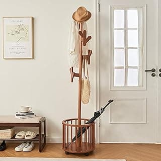 CozyDH Solid Wood Coat Rack Freestanding with Lockable 360° Rotary Casters, Coat Tree Stand with Umbrella Holder & Laundry Basket Storage & 12 Hooks, Walnut