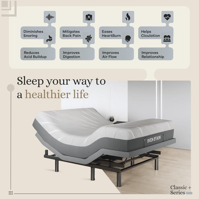 Sven & Son Harmony Adjustable Bed Base, Head and Foot Lift, Massage, Under-Bed Lights, USB, Gel Memory, Zero Gravity Smart Frame - Full + 12 inch Memory Foam Matt (Medium)