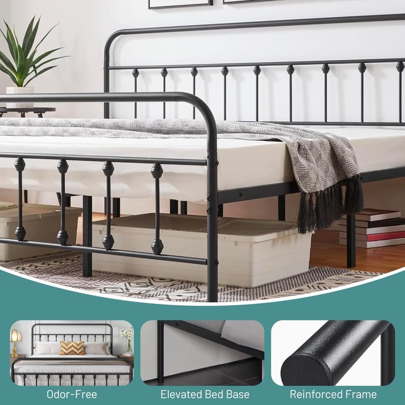 Queen Bed Frame-Classic Metal Platform Bed Frame Mattress Foundation with Victorian Style Iron-Art Headboard/Footboard/Under Bed Storage/No Box Spring Needed/Black