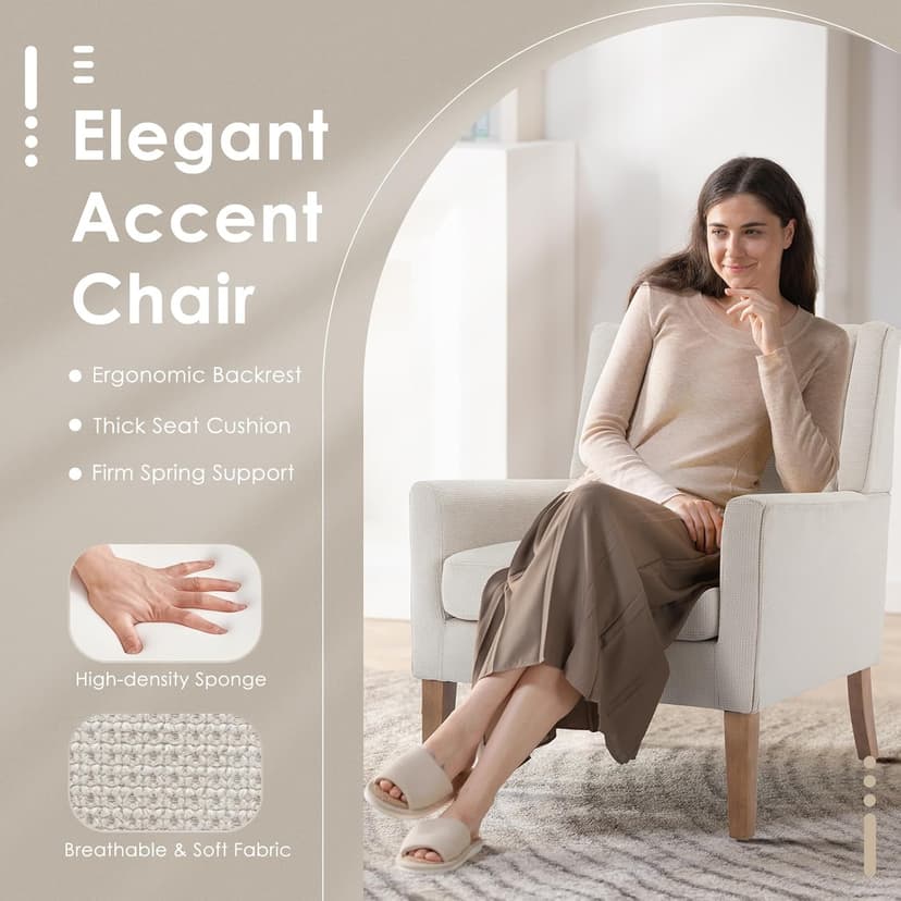 COLAMY Modern Wingback Living Room Chair Set of 2, Upholstered Fabric Accent Armchair, Single Sofa Chair with Lounge Seat and Wood Legs for Bedroom/Office/Reading Spaces, Beige