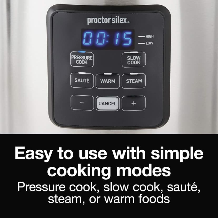 Proctor Silex Proctor-Silex Simplicity 4-in-1 Electric Pressure Cooker, 3 Quart Multi-Function With Slow Cook, Steam, Sauté, Rice, Stainless Steel (34503)