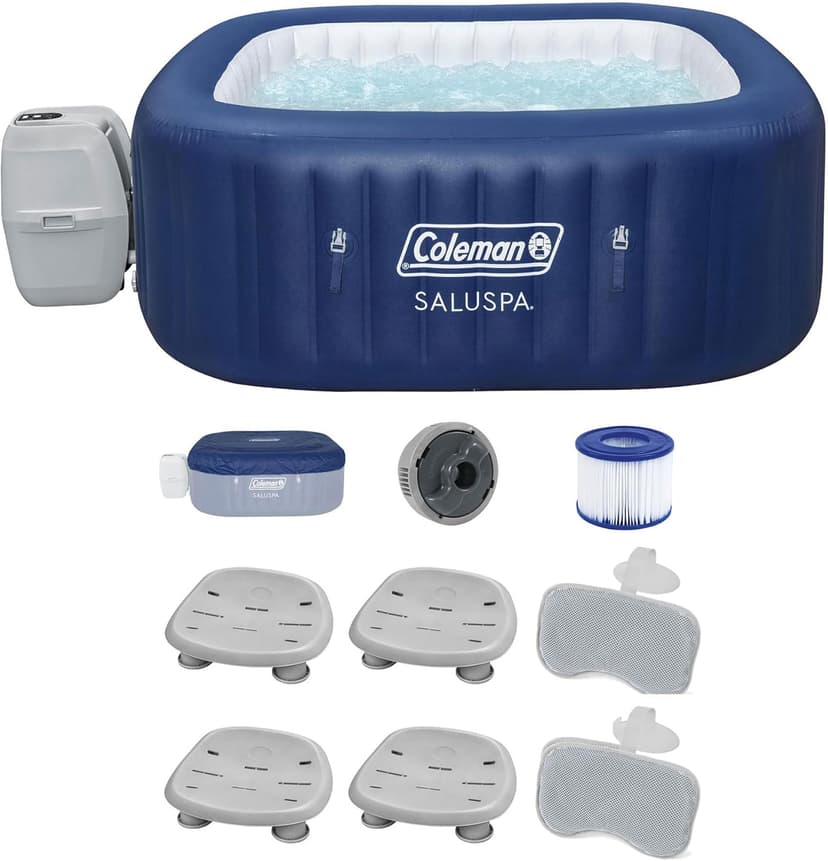 Bestway Coleman Hawaii AirJet Inflatable Hot Tub with EnergySense Cover, Blue + Bestway SaluSpa Spa Seat (4 Pack) + Bestway SaluSpa Pillows (2 Pack)