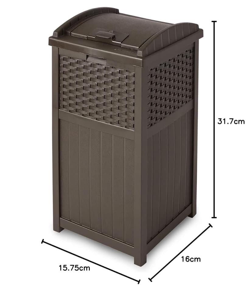 Suncast 33 Gallon Commercial Outdoor Trashcan Hideaway with Lid for 30 to 33 Gallon Trash Bags for Garage, Backyard, or Garden, Brown