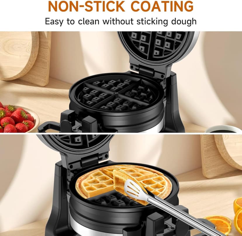 Waffle Maker, Double Belgian Waffle Maker 180°Flip, 1400W Waffle Iron 8 Slices, Rotating & Nonstick Plates with Removable Drip Tray for Easy Clean, Stainless Steel, Locking Buckle & Cool Touch Handle