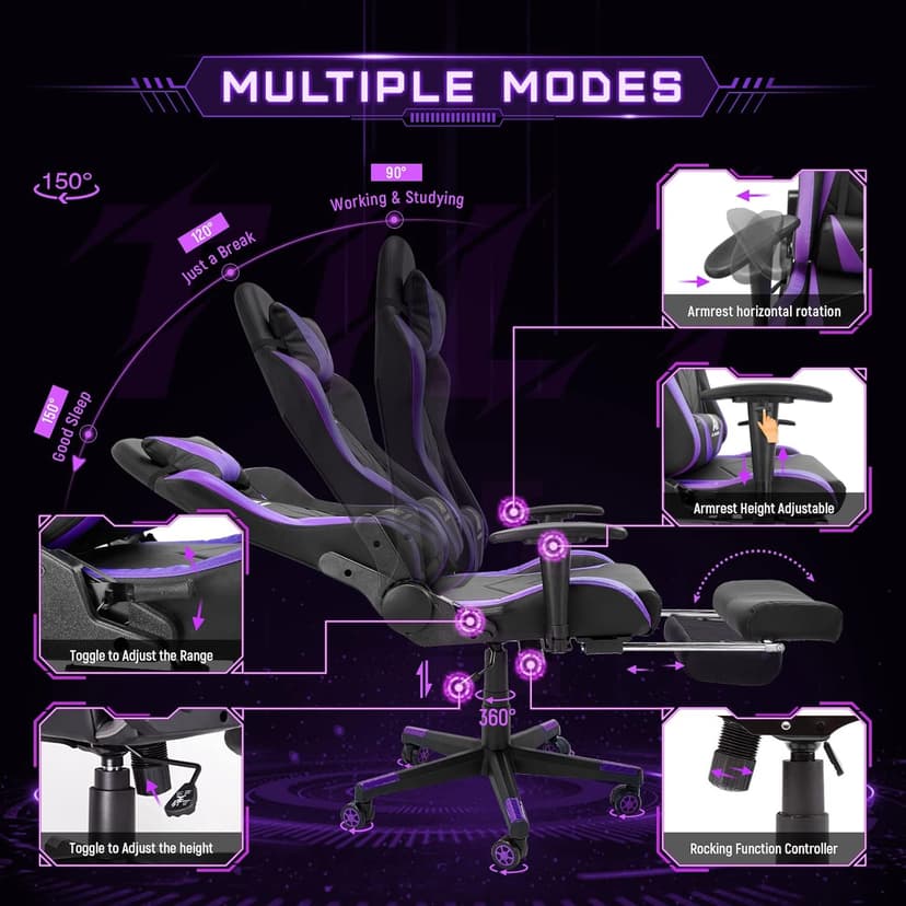 Gaming Chair High Back Ergonomic Computer Racing Chair Adjustable Office Chair with Footrest, Lumbar Support Swivel Chair - Upgraded Version BlackPurple