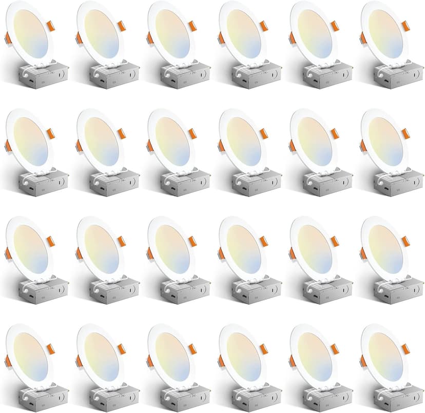Amico 24 Pack 6 Inch 5CCT Ultra-Thin LED Recessed Ceiling Light with Junction Box, 1050LM Brightness, Dimmable Canless Wafer Downlight, 12W, ETL&FCC