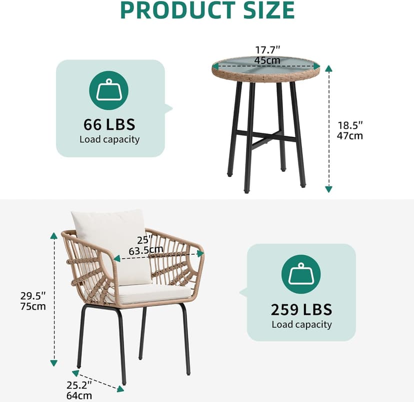 YITAHOME 3-Piece Outdoor Wicker Patio Conversation Bistro Set, All-Weather Furniture Set with Table & Cushions, Outdoor Sectional Sofa for Balcony, Backyard, Deck, Beige