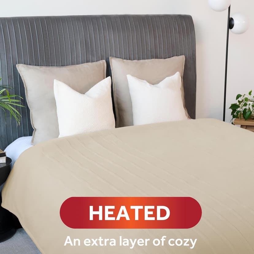 Sunbeam Royal Ultra Fleece Heated Electric Blanket King Size, 90" x 100", 12 Heat Settings, 12-Hour Auto Shut-Off, Machine Washable, Pebble Beige