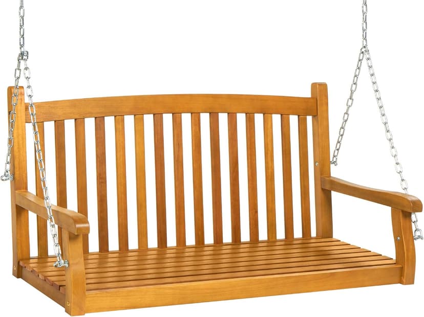 Best Choice Products 48in Wood Porch Swing Outdoor Patio Hanging Bench Chair Furniture for Deck, Garden, Yard w/Mounting Chains, Curved Back Design, 500lb Weight Capacity - Brown