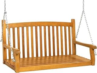 Best Choice Products 48in Wood Porch Swing Outdoor Patio Hanging Bench Chair Furniture for Deck, Garden, Yard w/Mounting Chains, Curved Back Design, 500lb Weight Capacity - Brown