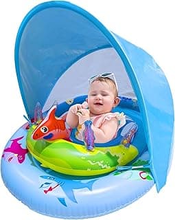Inflatable Baby Pool Float with UPF50+ Sun Protection Canopy, Adjustable Safety Seat & Interactive Toy Play Console - Includes Ocean Animal Toys for Infants & Toddlers 3-36 Months