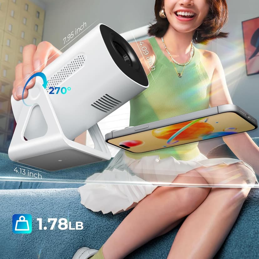 Portable WiFi and Bluetooth Projector - 4K 1080P Supported Android Smart Mini Movie Projector, 270°Adjustable Stand Outdoor Home Star Projector with Ambient Light for Phone TV Stick Laptop