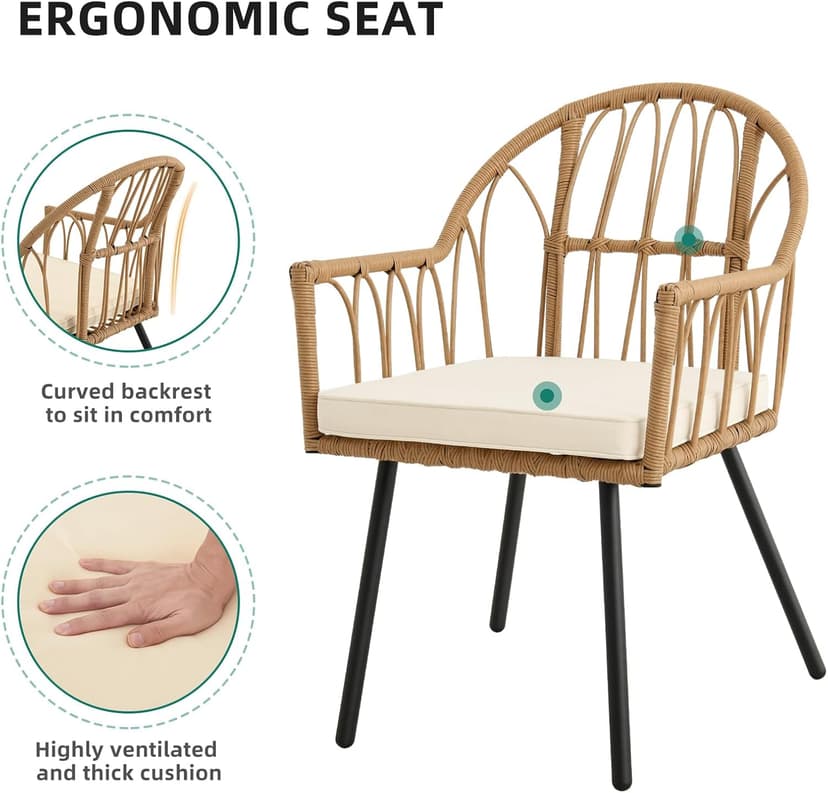YITAHOME Bistro Chairs Set of 4 Rattan Outdoor Dining Chairs with Arms & Cushions Woven Rattan Chair with Curved Backrest All-Weather Wicker Patio Dining Chair for Patio or Restaurant, Beige