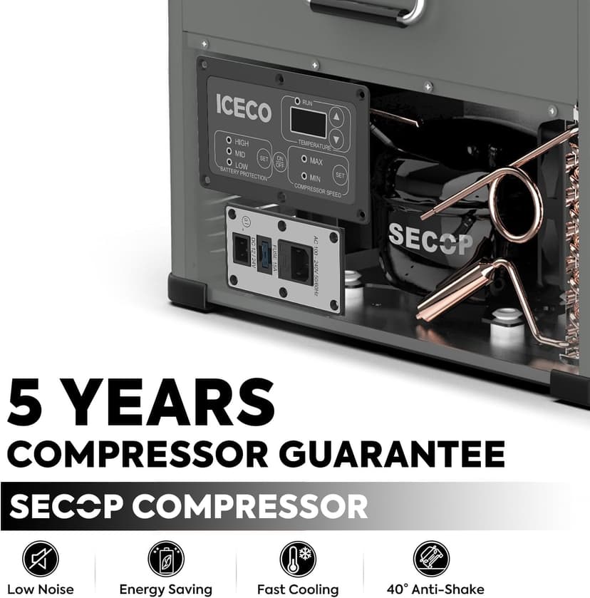 ICECO VL45 Portable Refrigerator with Battery, 47Qt/45L 12 Volt Refrigerator with SECOP, 0°-50°F 12v Fridge Freezer, 12/24VDC 110-240VAC, Electric Cooler for Car, RV, Camping| With 250Wh Battery