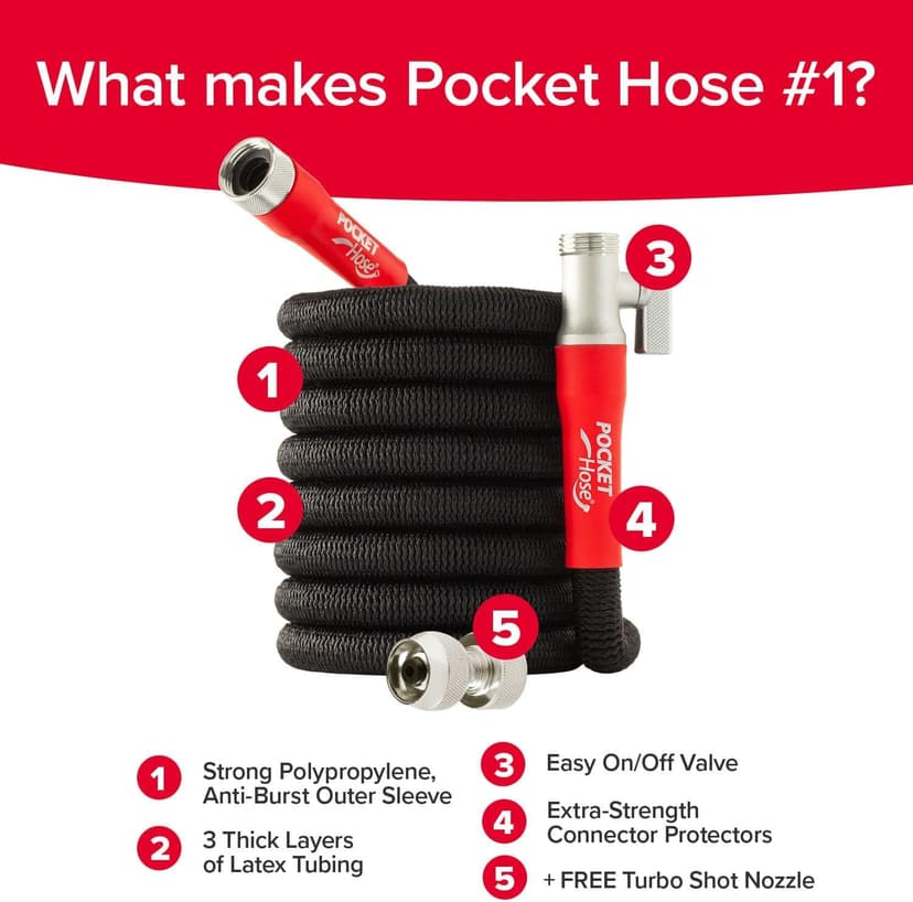 Pocket Hose Silver Bullet 2.0 Expandable Garden Hose 75-FT with Turbo Shot Nozzle, AS-SEEN-ON-TV, Lead-Free, Solid Aluminum Connectors, Easy On/Off Valve, Kink-Free, Leak-Proof