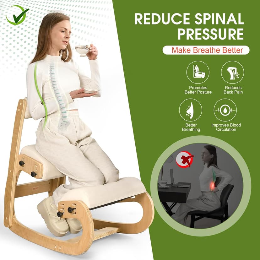 Ergonomic Kneeling Chair with Back Support,Kneeling Chair Improve Posture and Relife Back Pain,Soft Memory Arc-Pad and Wood Adjustable Height Rocking Knee Chairs,Ideal for Office Home Desk,Natual