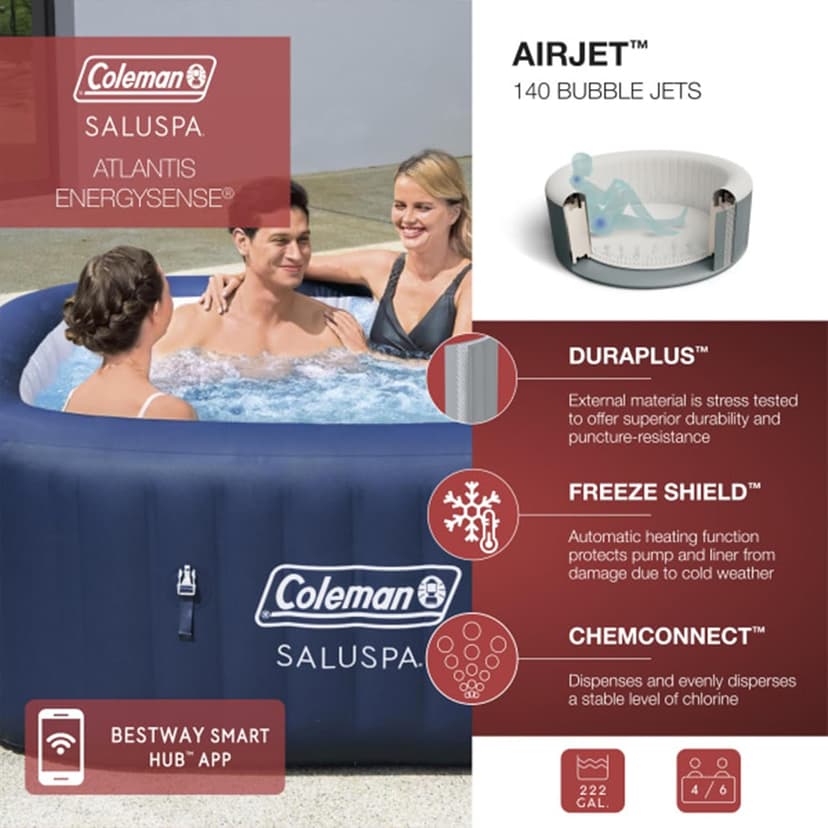 Bestway Coleman Hawaii AirJet Inflatable Hot Tub with EnergySense Cover, Blue + Bestway SaluSpa Spa Seat (4 Pack) + Bestway SaluSpa Pillows (2 Pack)